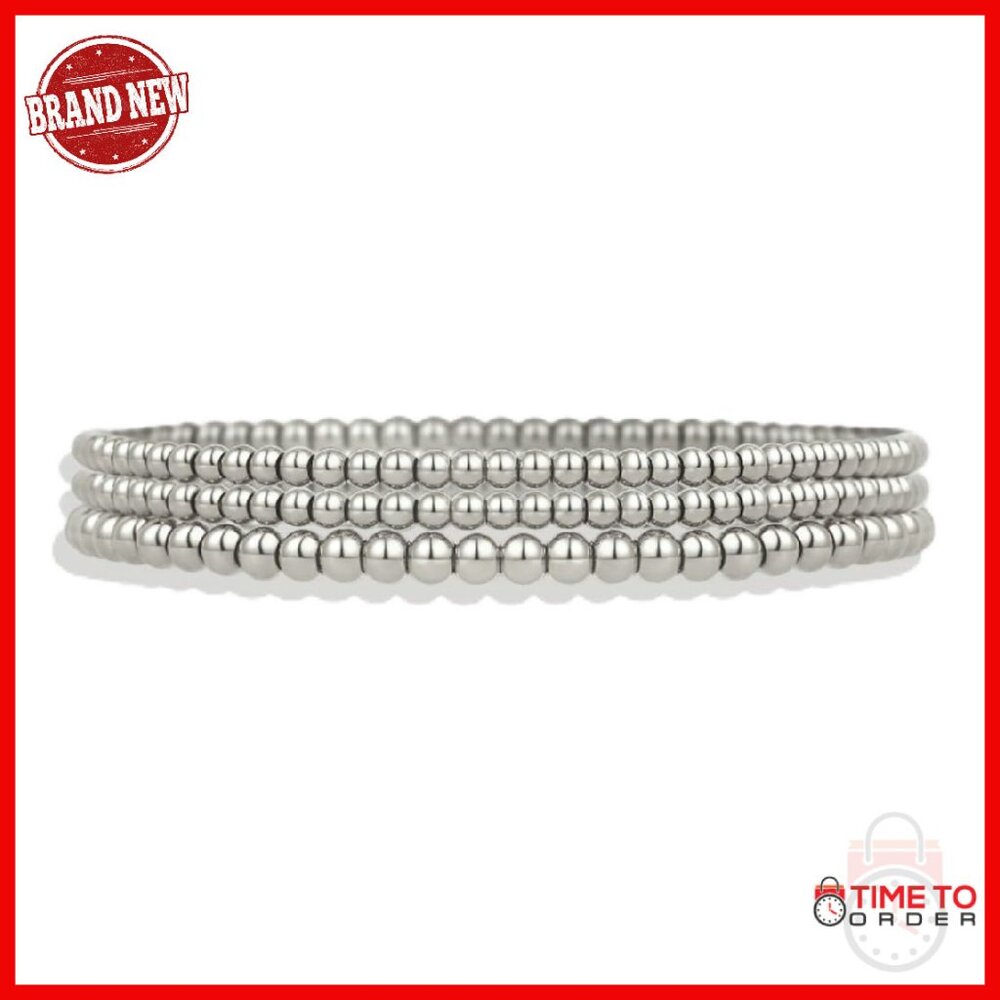 Sterling Silver Beaded Bracelet Stack Set, Stretc… - image 1